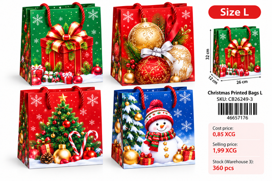 Four festive Christmas printed bags, size L