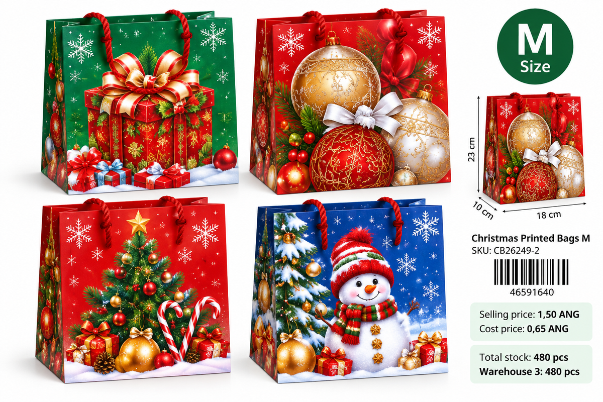 Four Christmas printed gift bags medium size