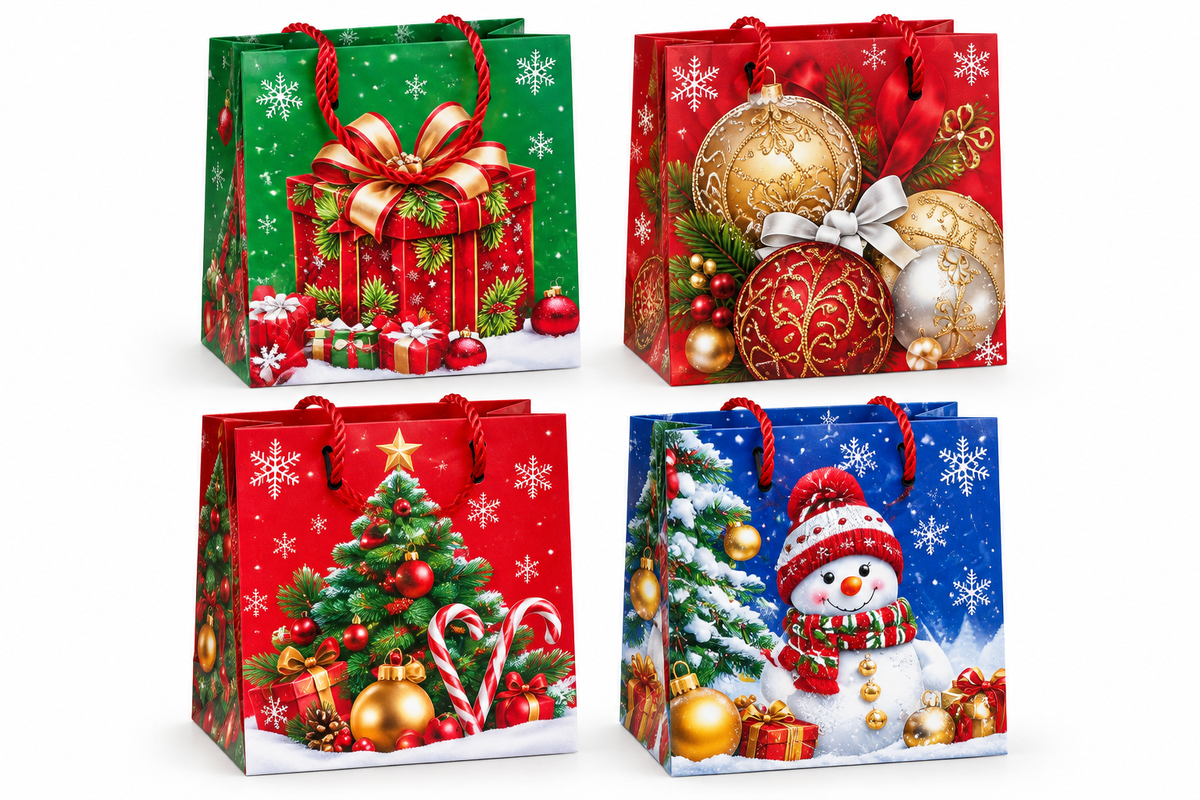 Four Christmas printed gift bag designs