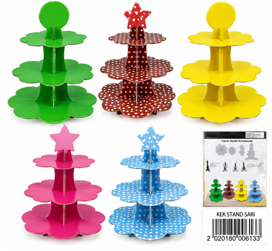 Colorful 3-tier cupcake and dessert stands on white background