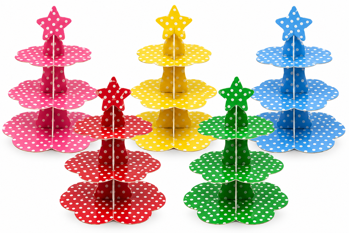 Colorful 3-tier cupcake and dessert stands