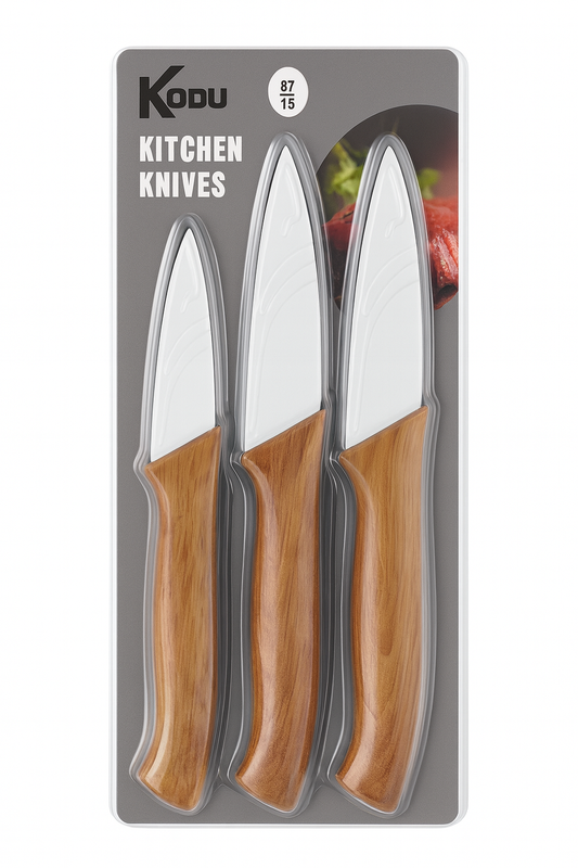 Kodu 3-Piece Kitchen Knife Set – Stainless Steel Blades with Wood-Effect Handles