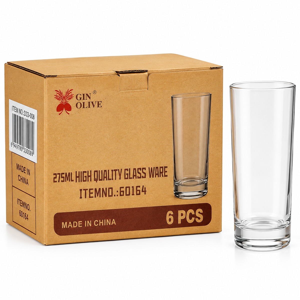 GIN OLIVE 275ml drinking glasses six-piece set, clean white background