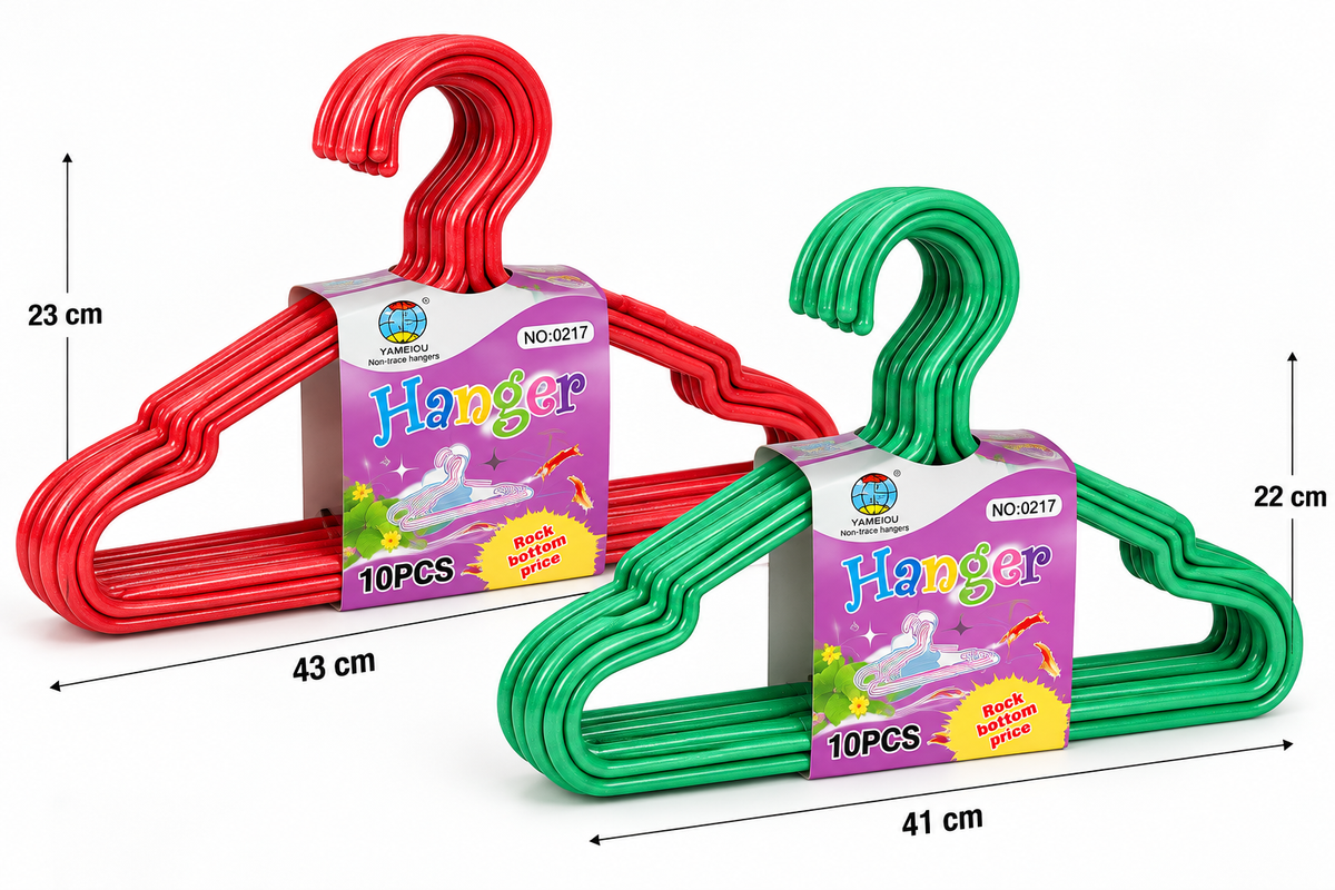 10-piece non-trace clothes hangers red 43 cm and green 41 cm on white background