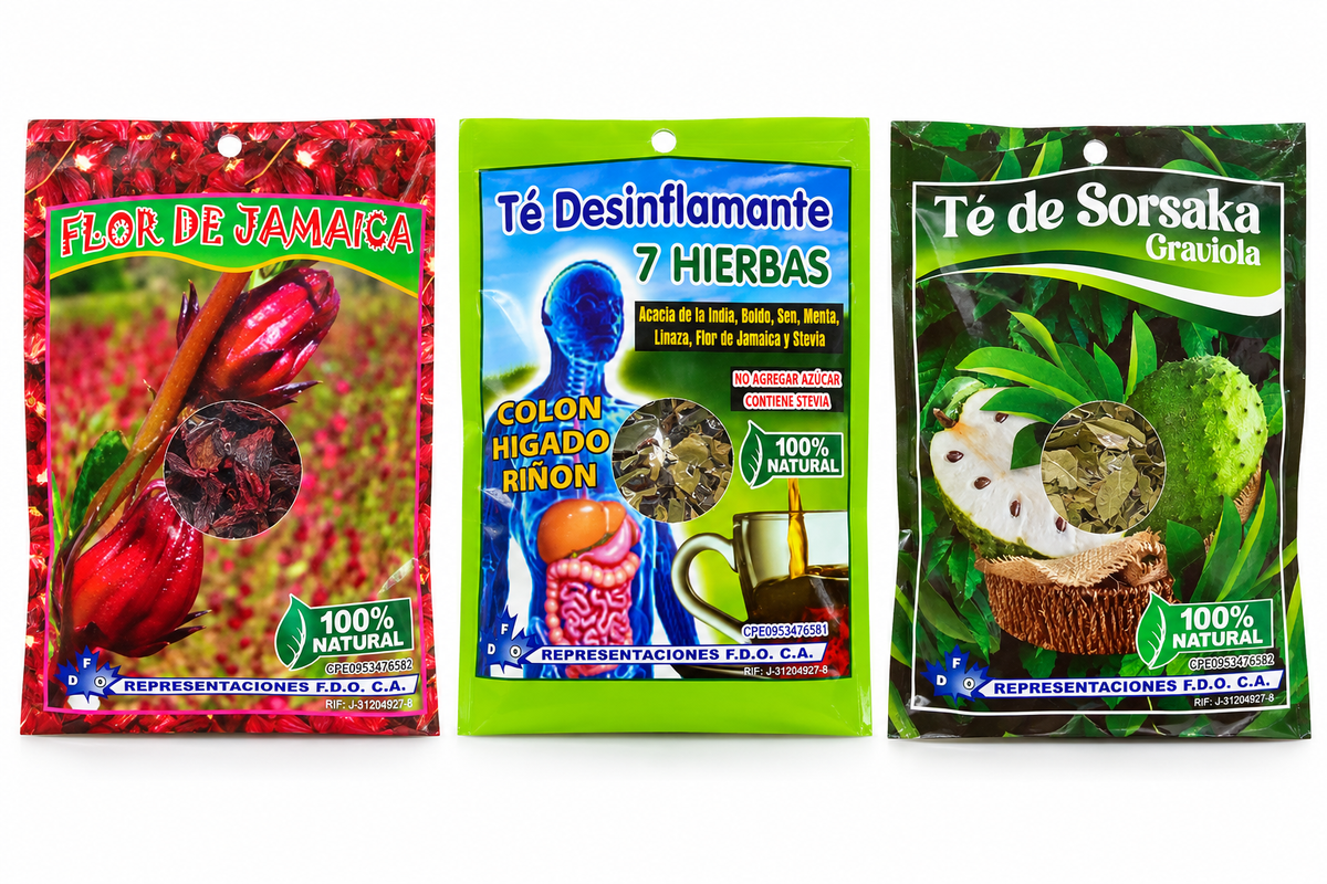 Three herbal tea varieties on white background