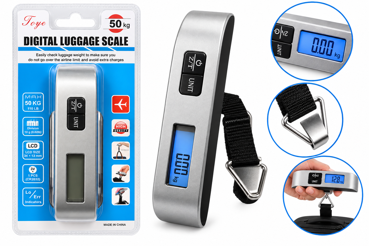 Digital luggage scale 50kg on white background