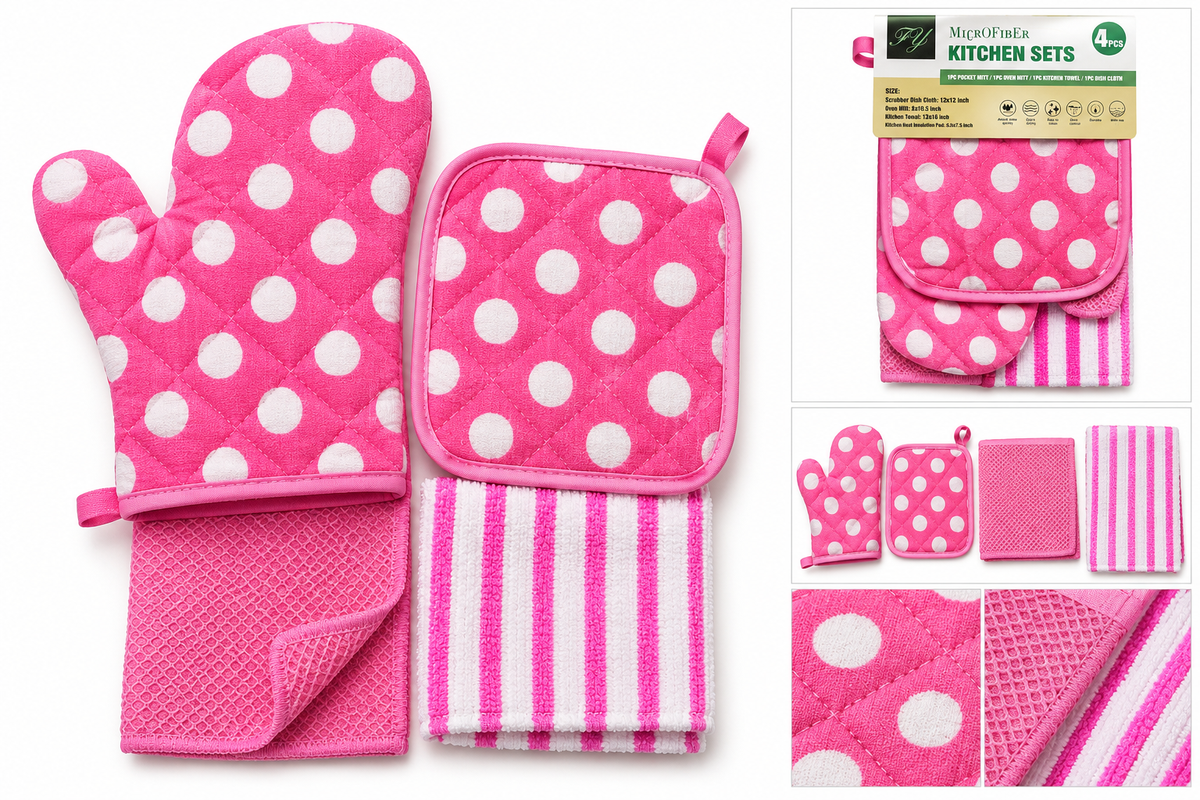 Pink microfiber kitchen set 4 pieces white background