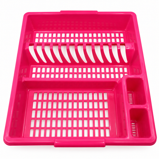 Pink plastic dish drainer on white background