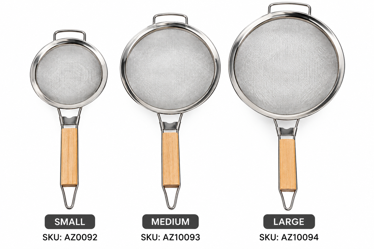 Stainless steel fine mesh strainers with wooden handles - 3 sizes